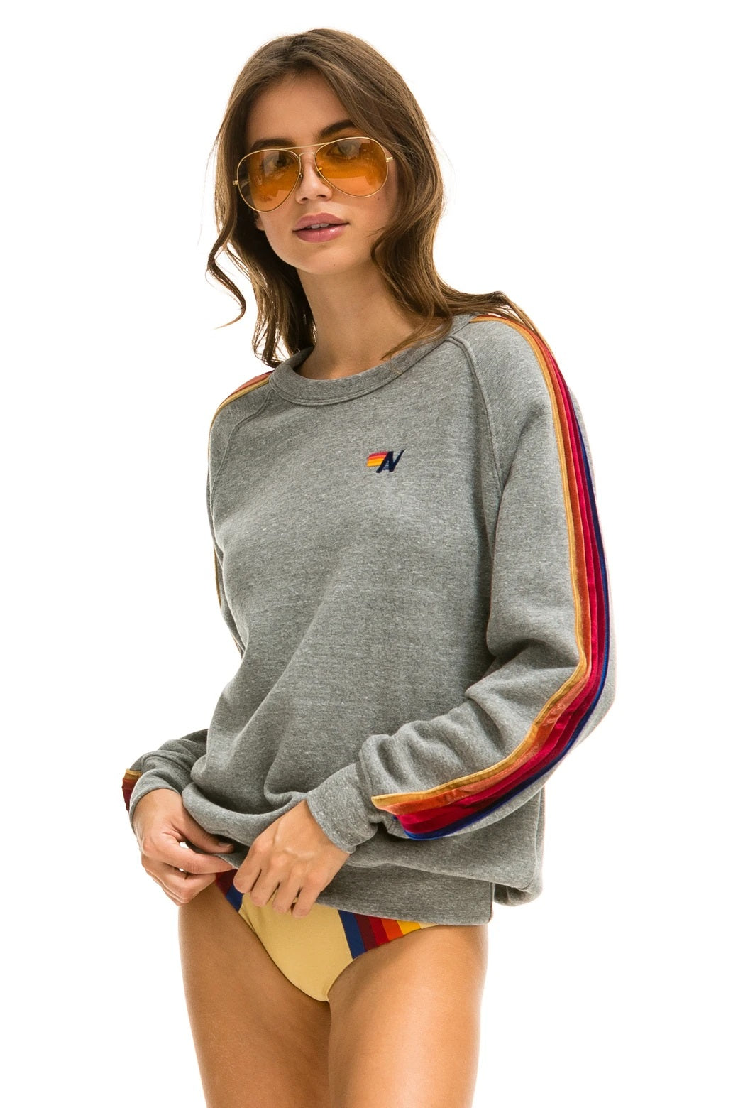 Aviator Nation - Classic w/ Velvet Stripes Crew Sweatshirt in Heather Grey