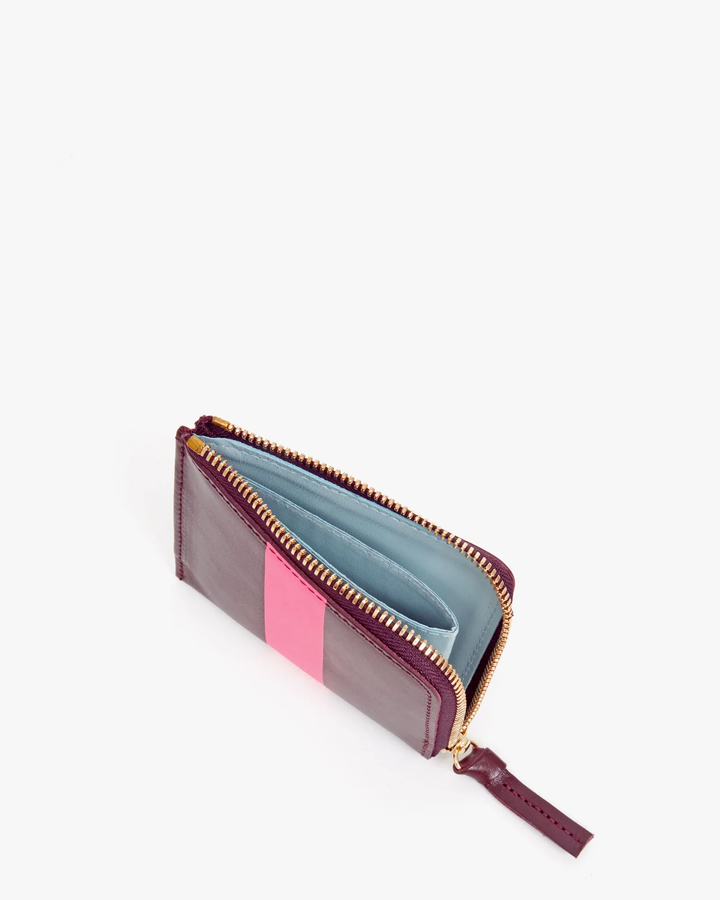 Clare V. - Corner Zip Wallet in Plum Rustic with Neon Pink Stripe