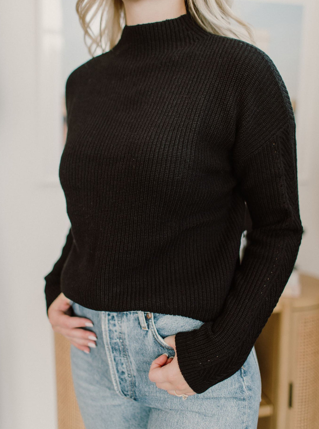 White + Warren - Sustainable Cotton Ribbed Mock Neck Sweater in Black