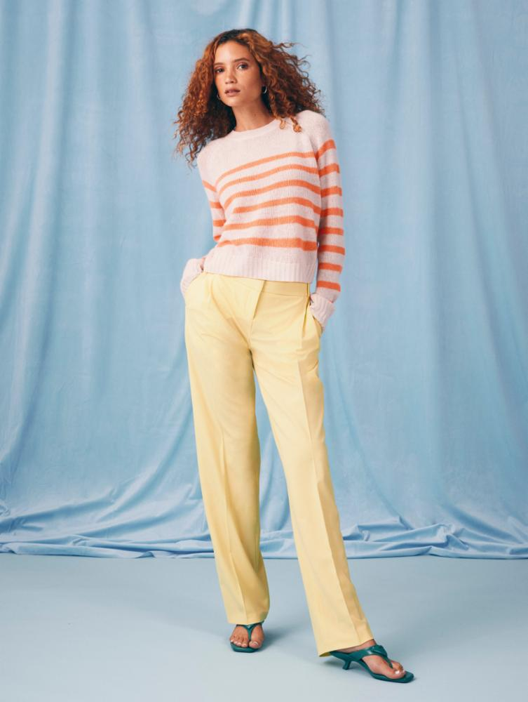 White + Warren - Cashmere Cropped Featherweight Striped Crewneck in Pink Sand/Neon Sunset