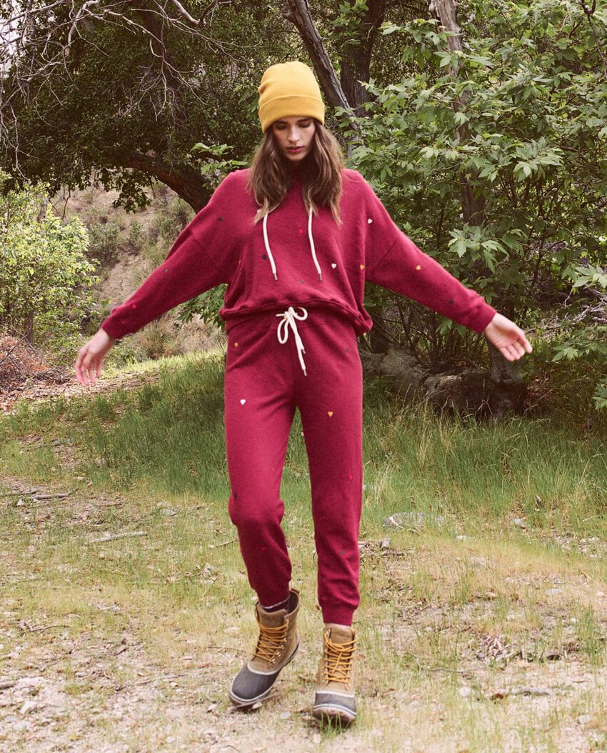 The Great - The Cropped Sweatpant in Spiced Wine w/ Embroidered Hearts