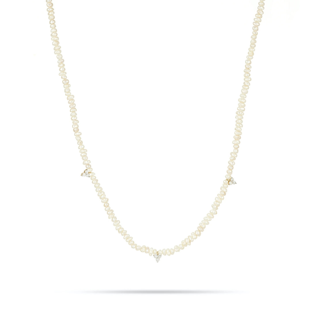 Adina - Diamond Cluster Freshwater Pearl Chain Necklace in Y14k