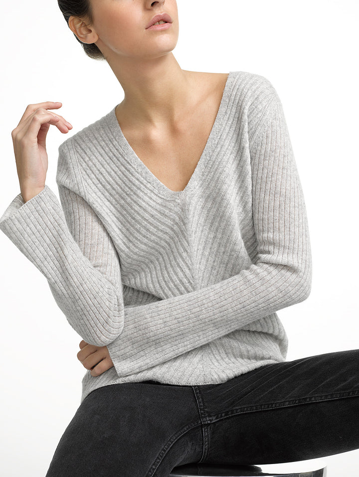 White + Warren Directional Rib Vneck Silver Heather at Blond Genius - 1