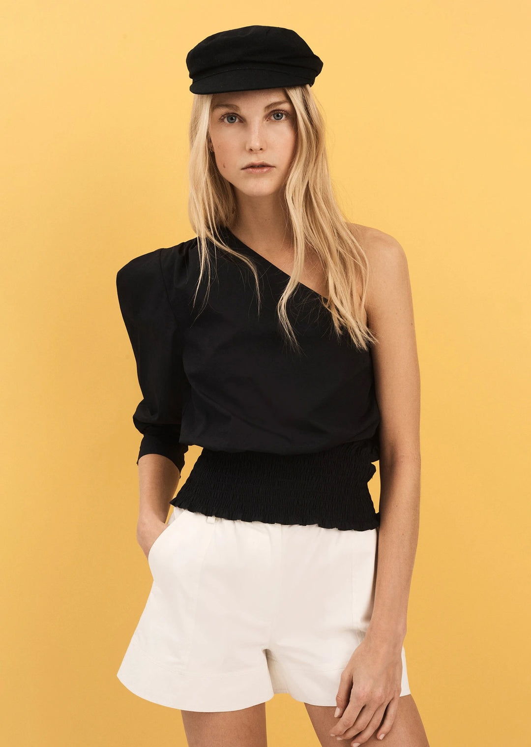 Derek Lam 10 Crosby - Fargo One Shoulder Smock Waist Blouse in Black