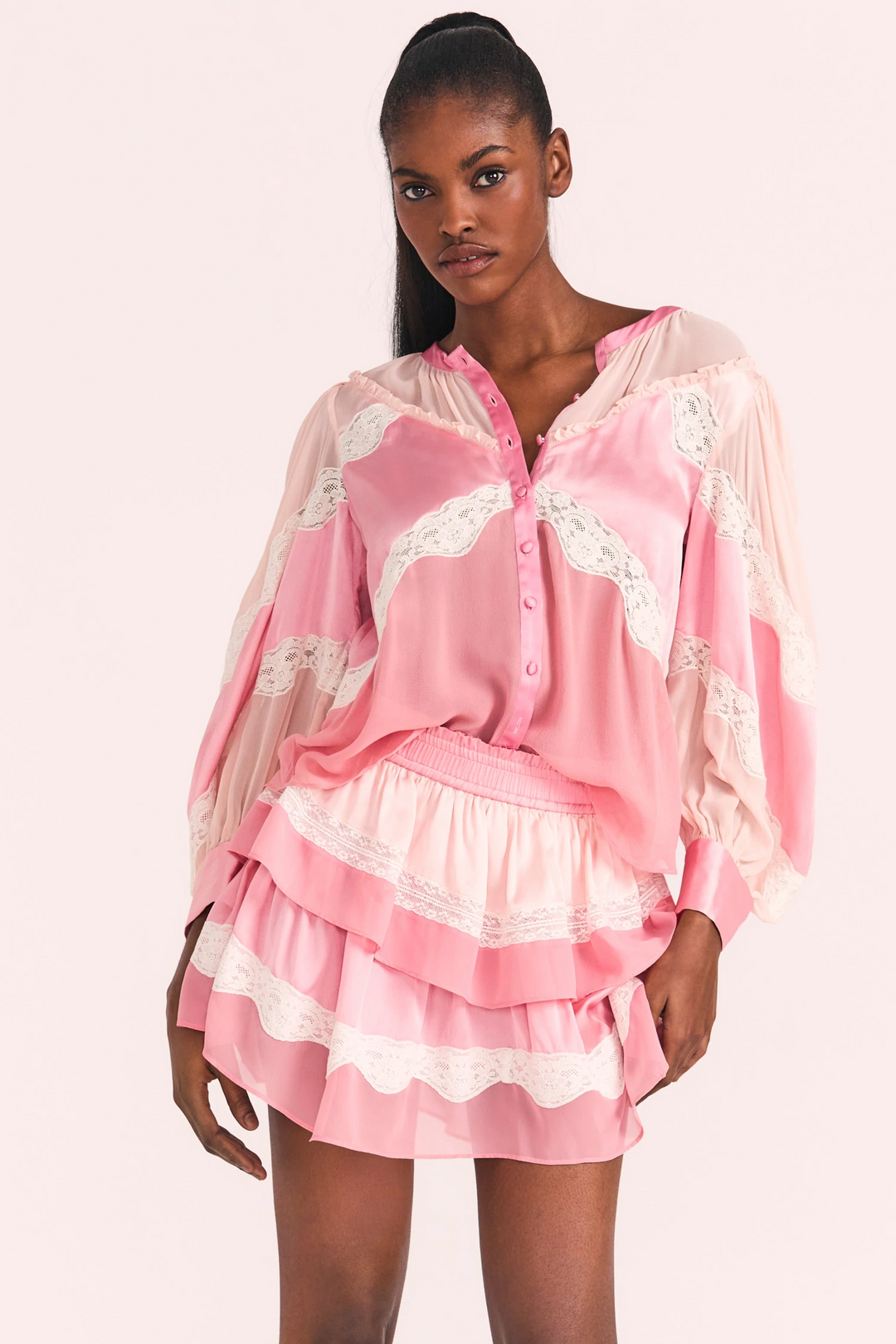 Love Shack Fancy - Fia Skirt in Pastel Pink Colorblock