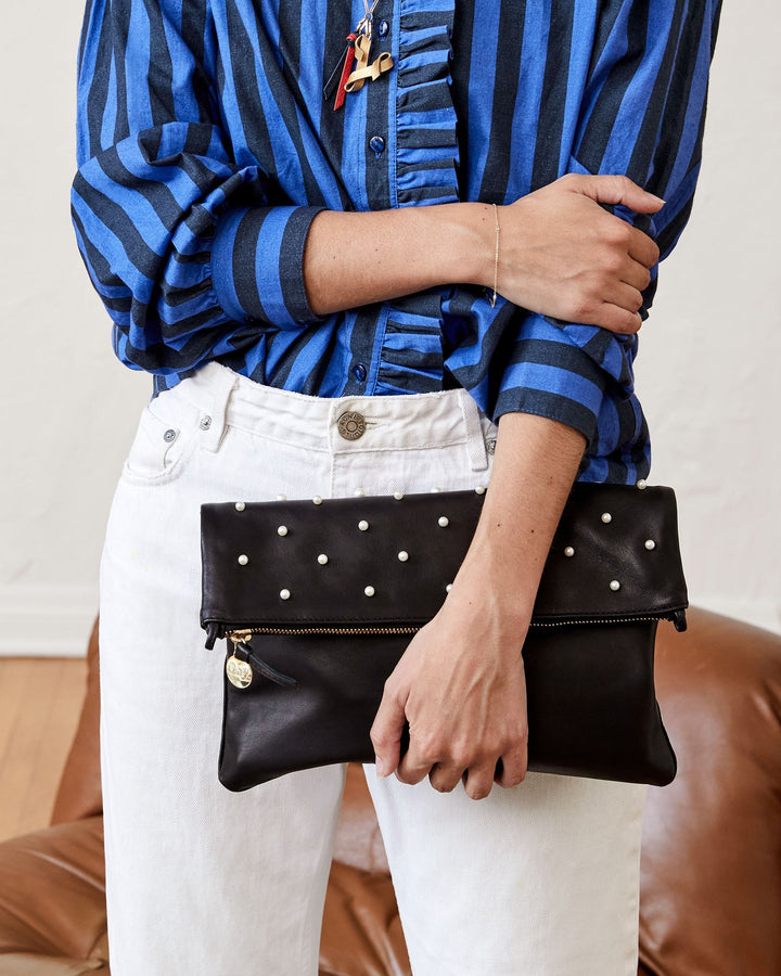 Clare V. - Foldover Clutch w/ Tabs in Black Italian Nappa w/ Pearls