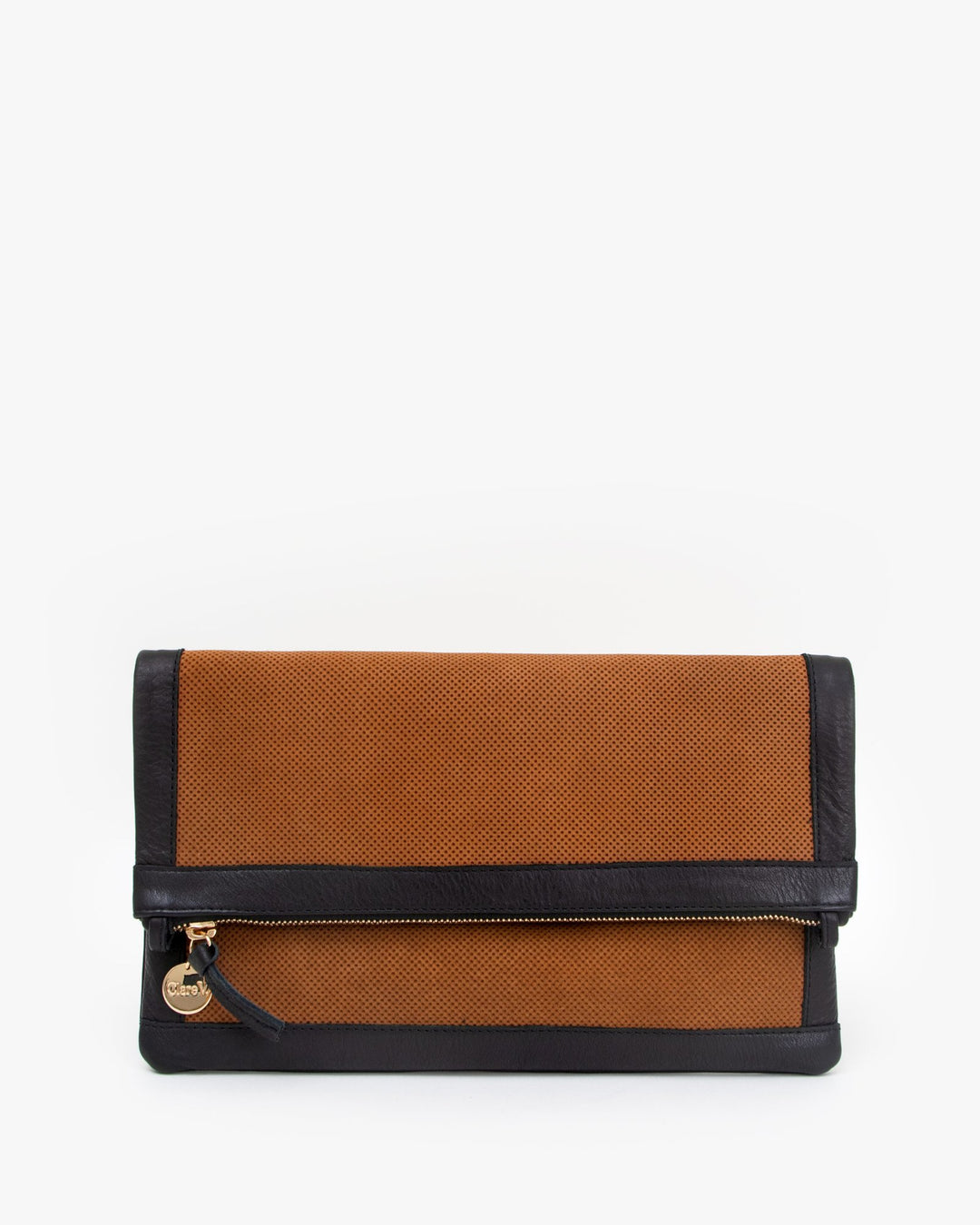 Clare V. - Foldover Clutch w/ Tabs in Cognac Perf Suede w/ Black Neptune Border