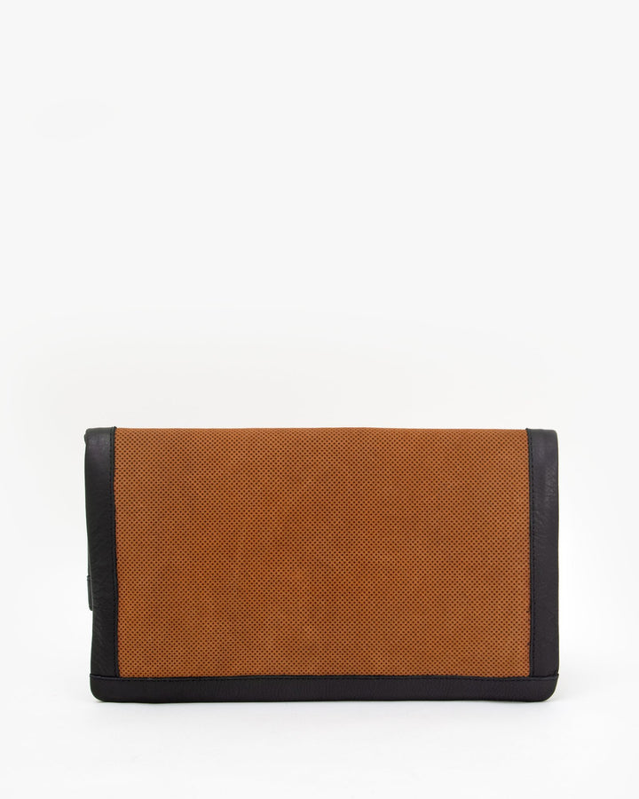 Clare V. - Foldover Clutch w/ Tabs in Cognac Perf Suede w/ Black Neptune Border