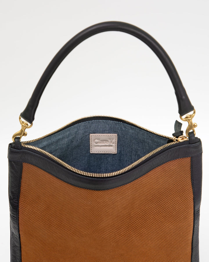 Clare V. - Foldover Clutch w/ Tabs in Cognac Perf Suede w/ Black Neptune Border