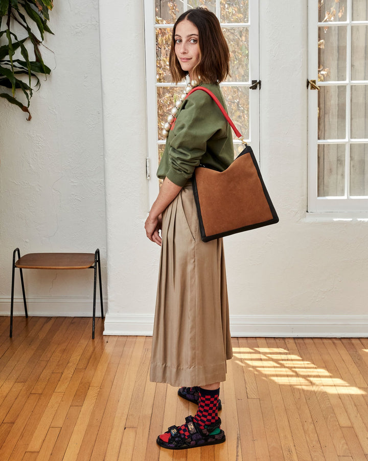 Clare V. - Foldover Clutch w/ Tabs in Cognac Perf Suede w/ Black Neptune Border