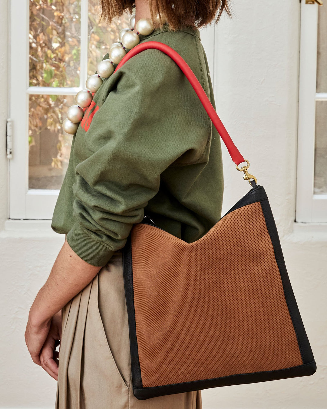Clare V. - Foldover Clutch w/ Tabs in Cognac Perf Suede w/ Black Neptune Border