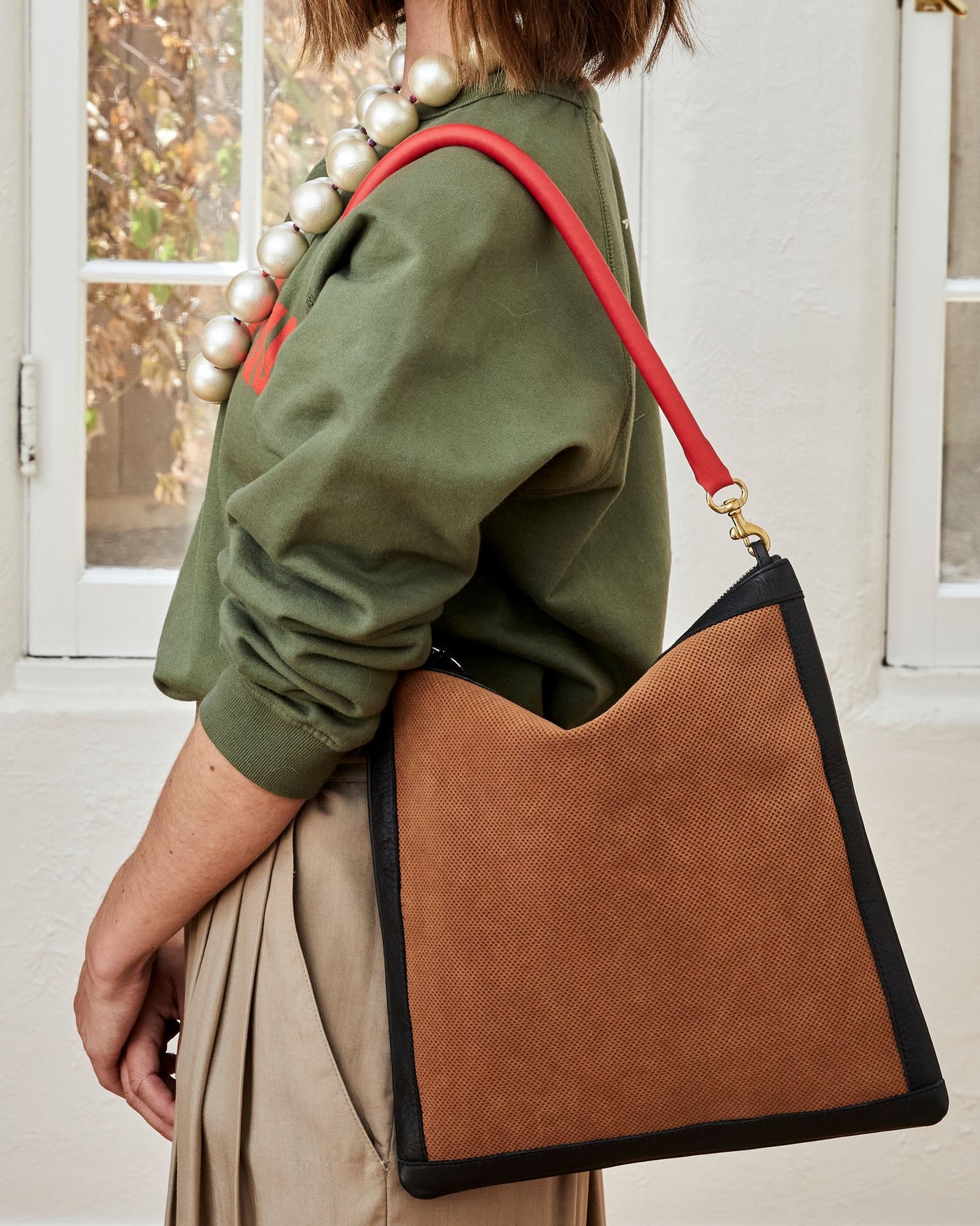 Clare Foldover Clutch w/ Tabs in Cognac Perf Suede w/ Black