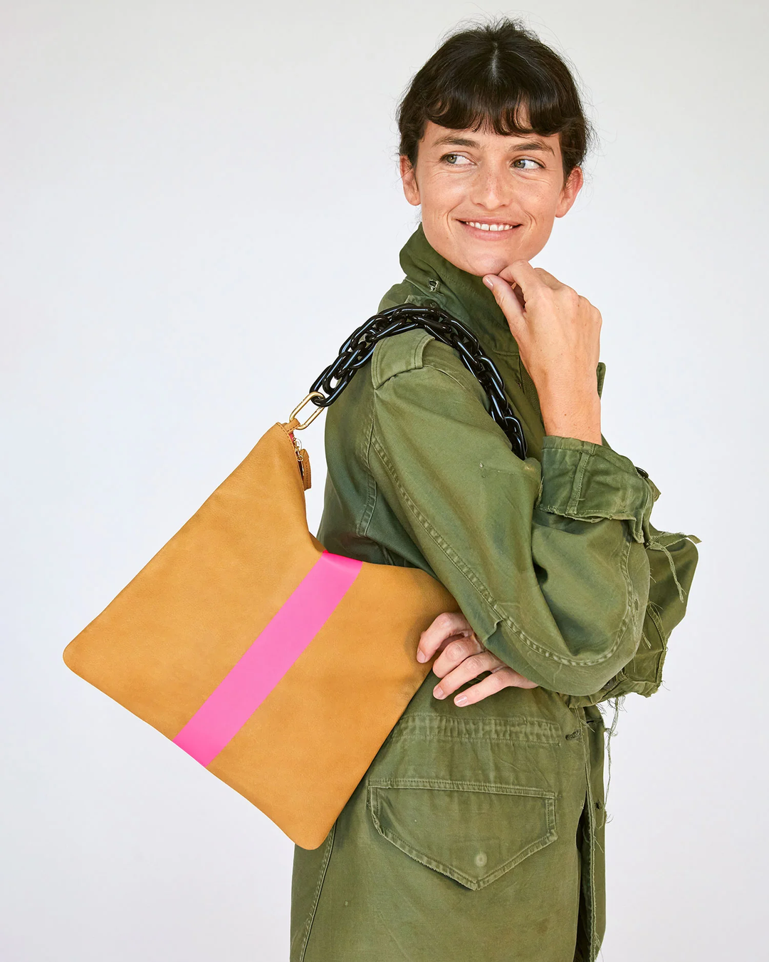 Clare V Foldover Clutch w Tabs in Camel Nubuck w Neon Pink Stripes Blond Genius