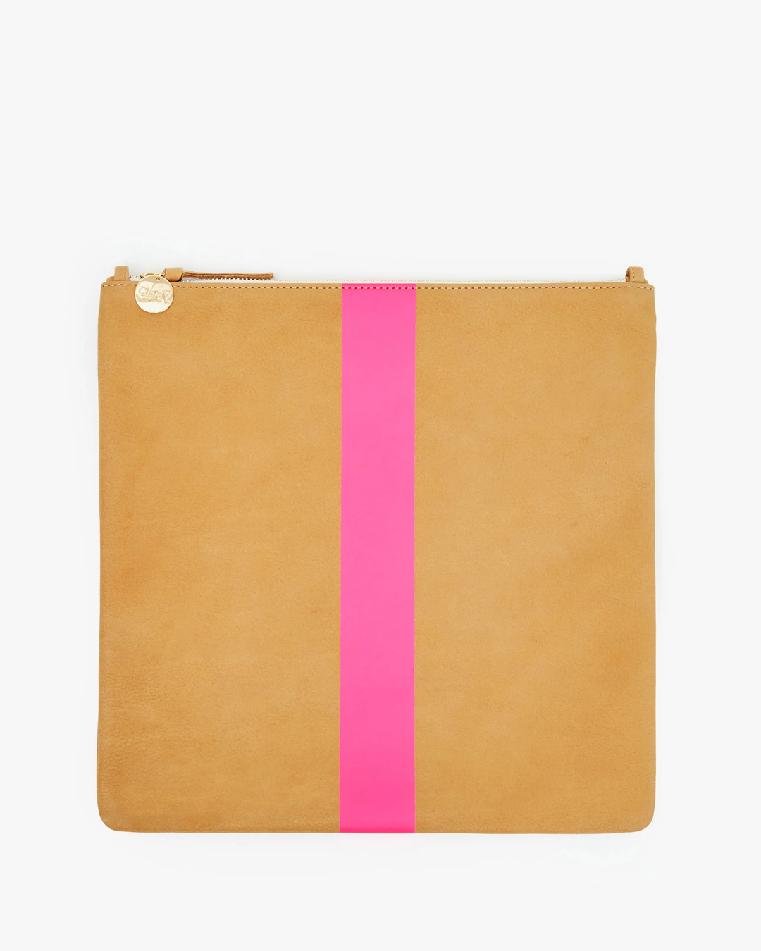 Clare V - Foldover Clutch w/ Tabs in Camel Nubuck w/Neon Pink Stripes