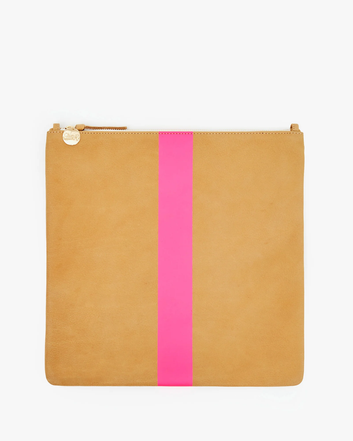 Clare V - Foldover Clutch w/ Tabs in Camel Nubuck w/Neon Pink Stripes