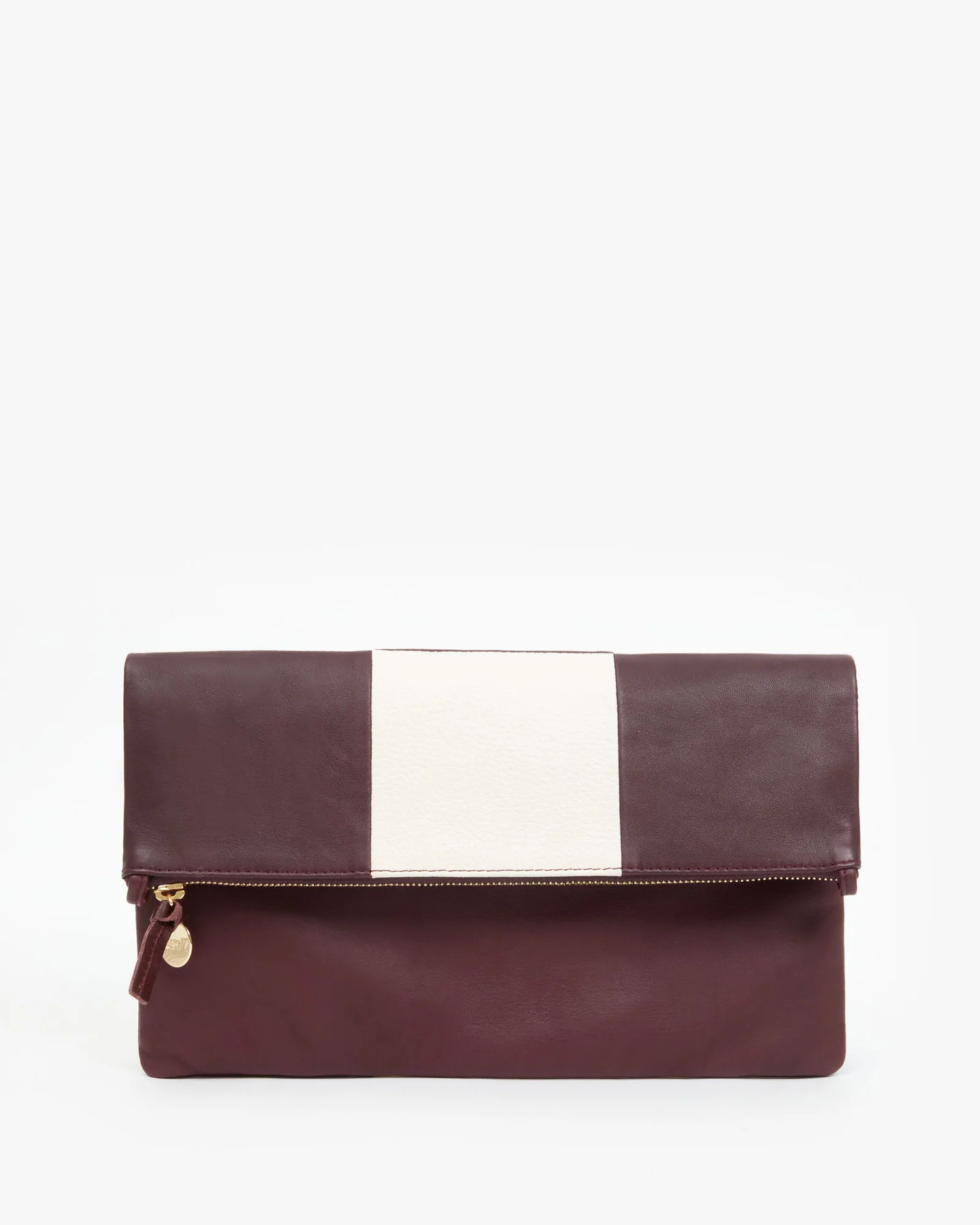 Clare V. - Foldover Clutch with Tabs in Plum Italian Nappa & Cream Goat Tile Patchwork