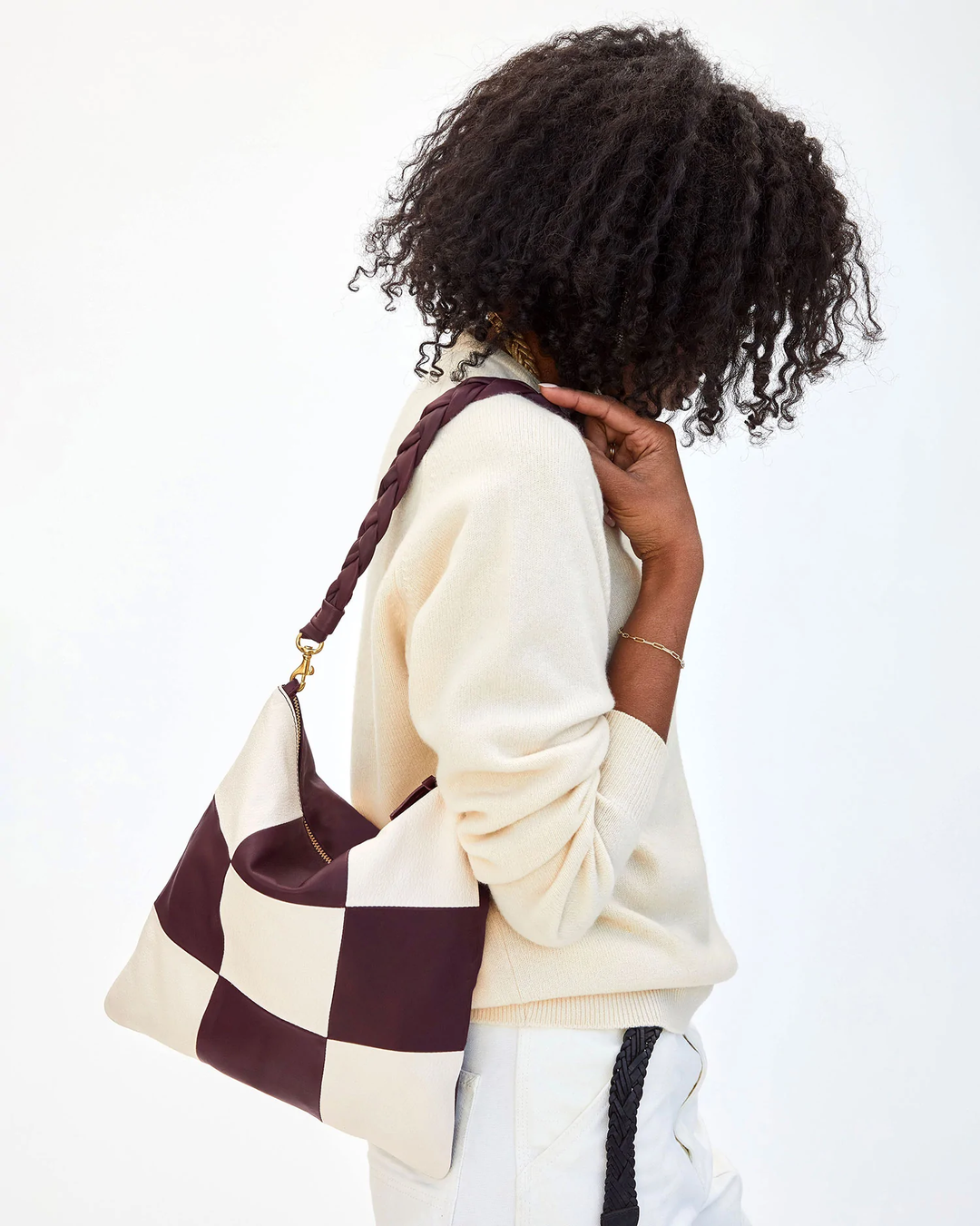 Clare V. Foldover Clutch with Tabs in Plum Italian Nappa Cream Goa Blond Genius