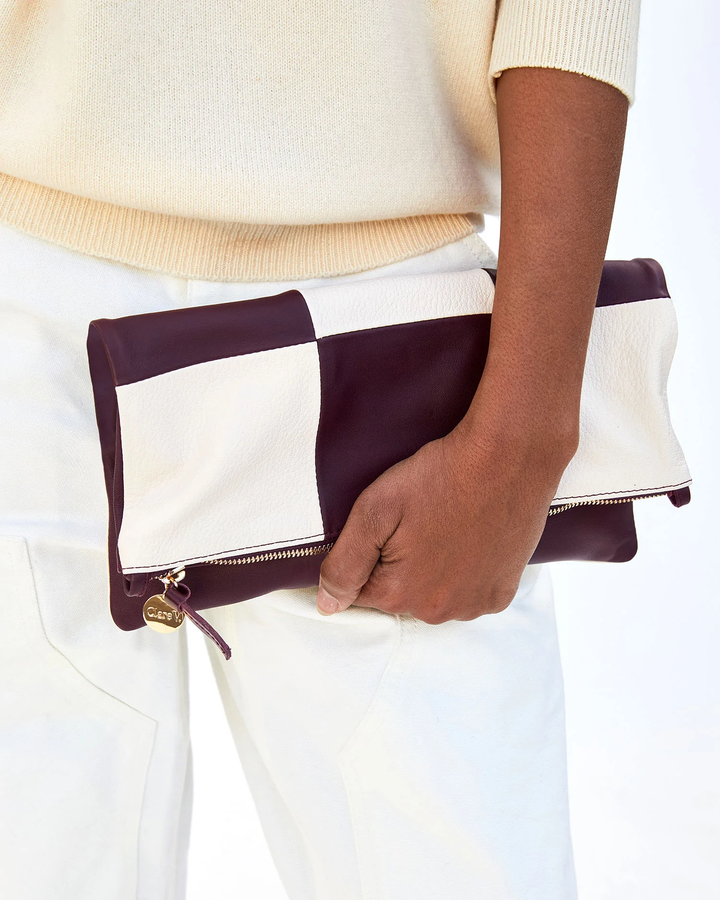 Clare V. - Foldover Clutch with Tabs in Plum Italian Nappa & Cream Goat Tile Patchwork