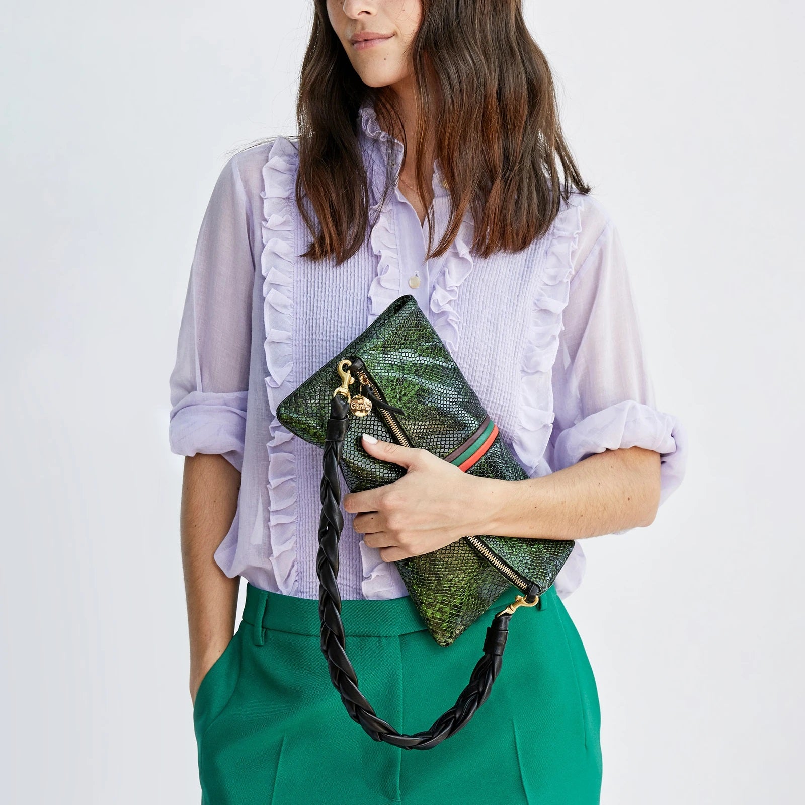 Clare V. - Foldover Clutch w/ Tabs in Fern Miro Snake w/ Plum
