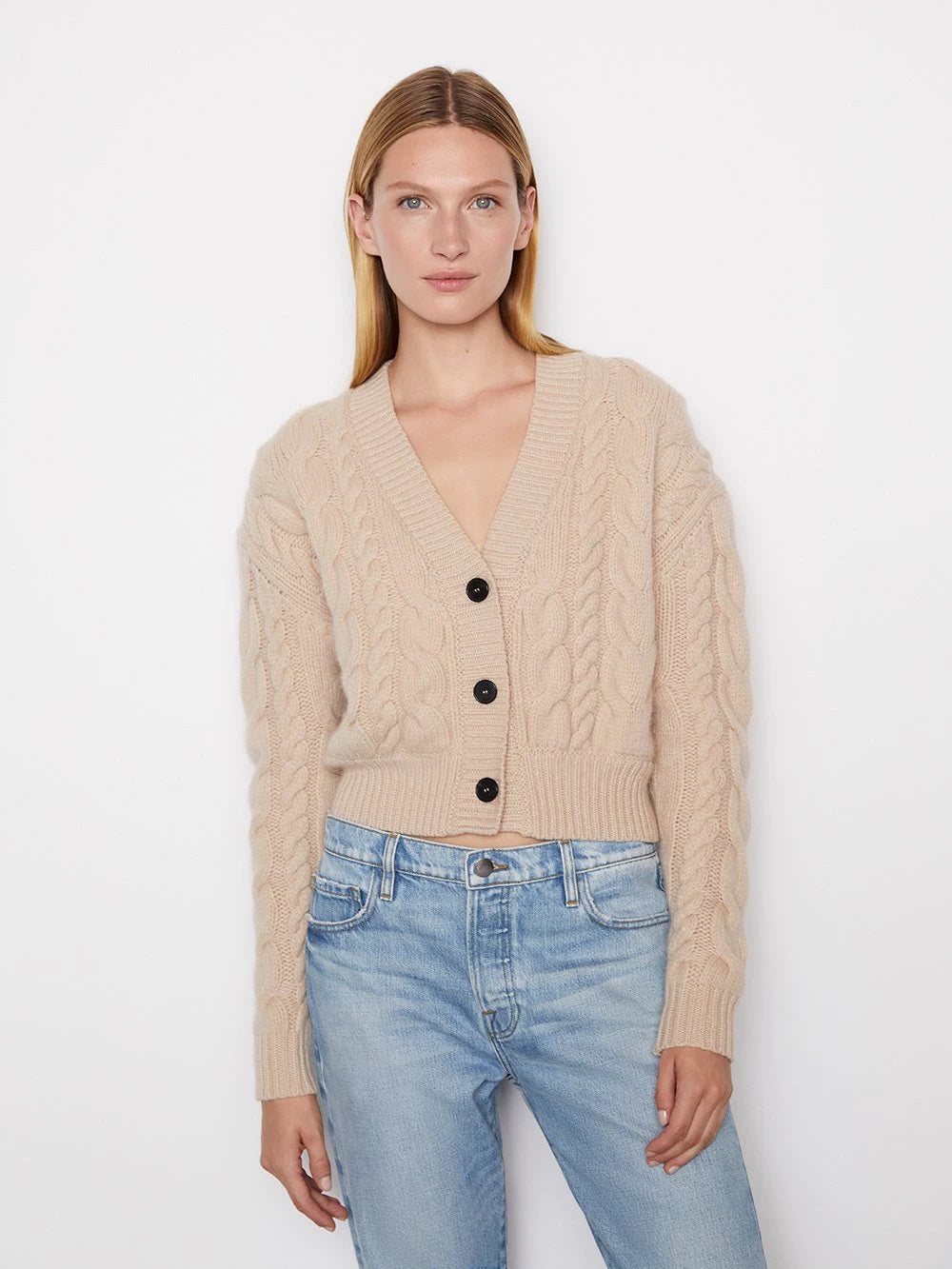 Frame - Cable Button Down Cardi in Oatmeal