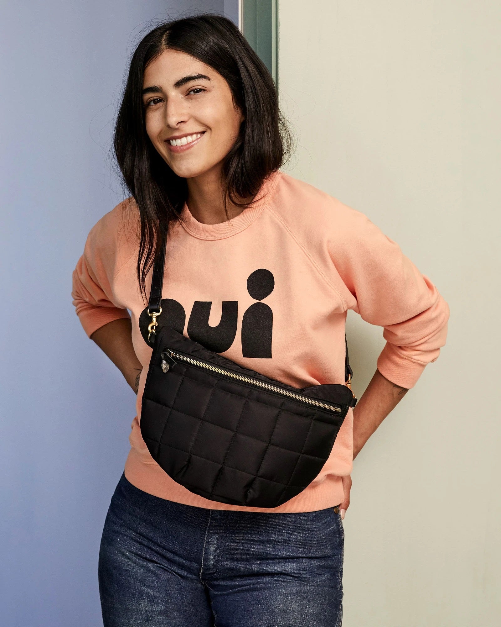 Clare V. Grande Fanny in Black Quilted Puffer Blond Genius
