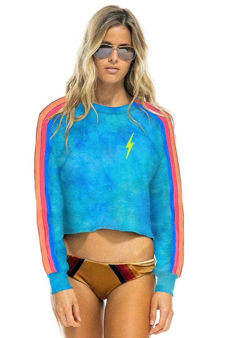 Aviator Nation - Hand Dyed Bolt Cropped Classic Crew Sweatshirt in Tie Dye Blue Neon Rainbow