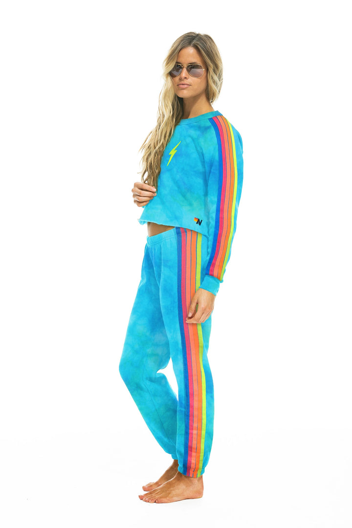 Aviator Nation - Hand Dyed Bolt Cropped Classic Crew Sweatshirt in Tie Dye Blue Neon Rainbow