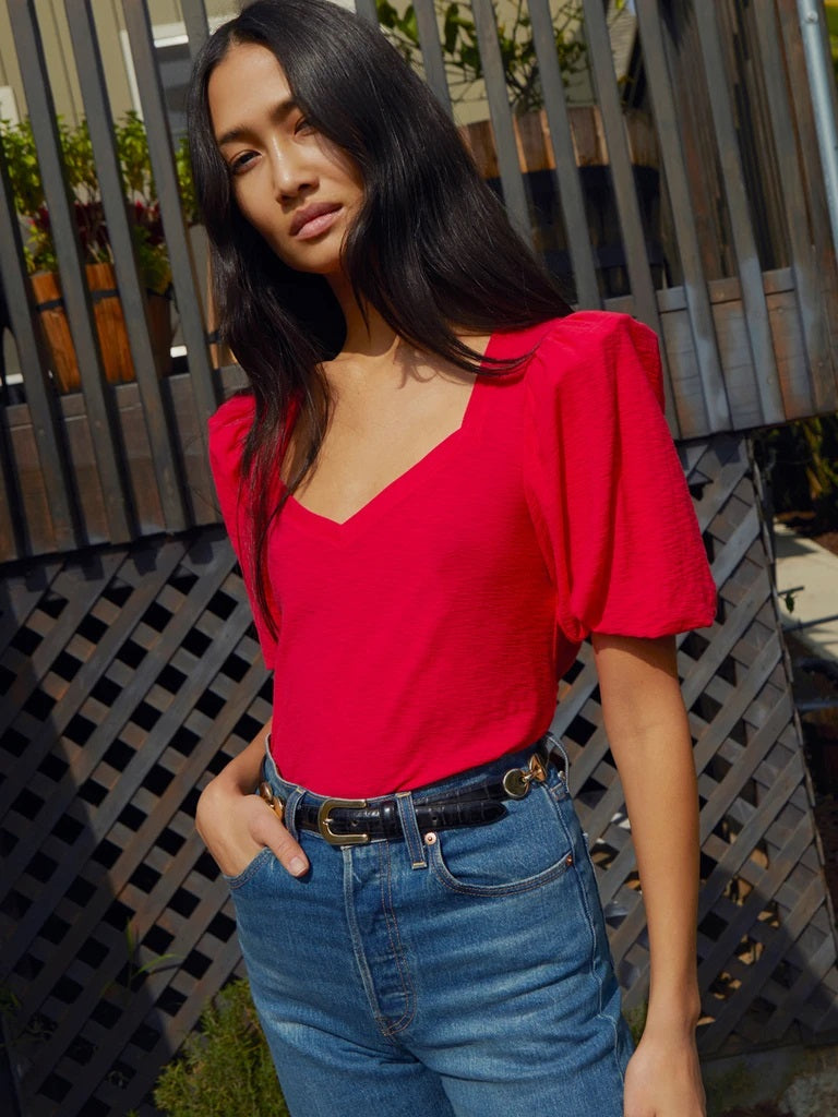 Nation LTD - Heather Balloon Sleeve Sweetheart in Campari
