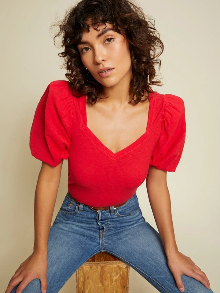 Nation LTD - Heather Balloon Sleeve Sweetheart in Campari