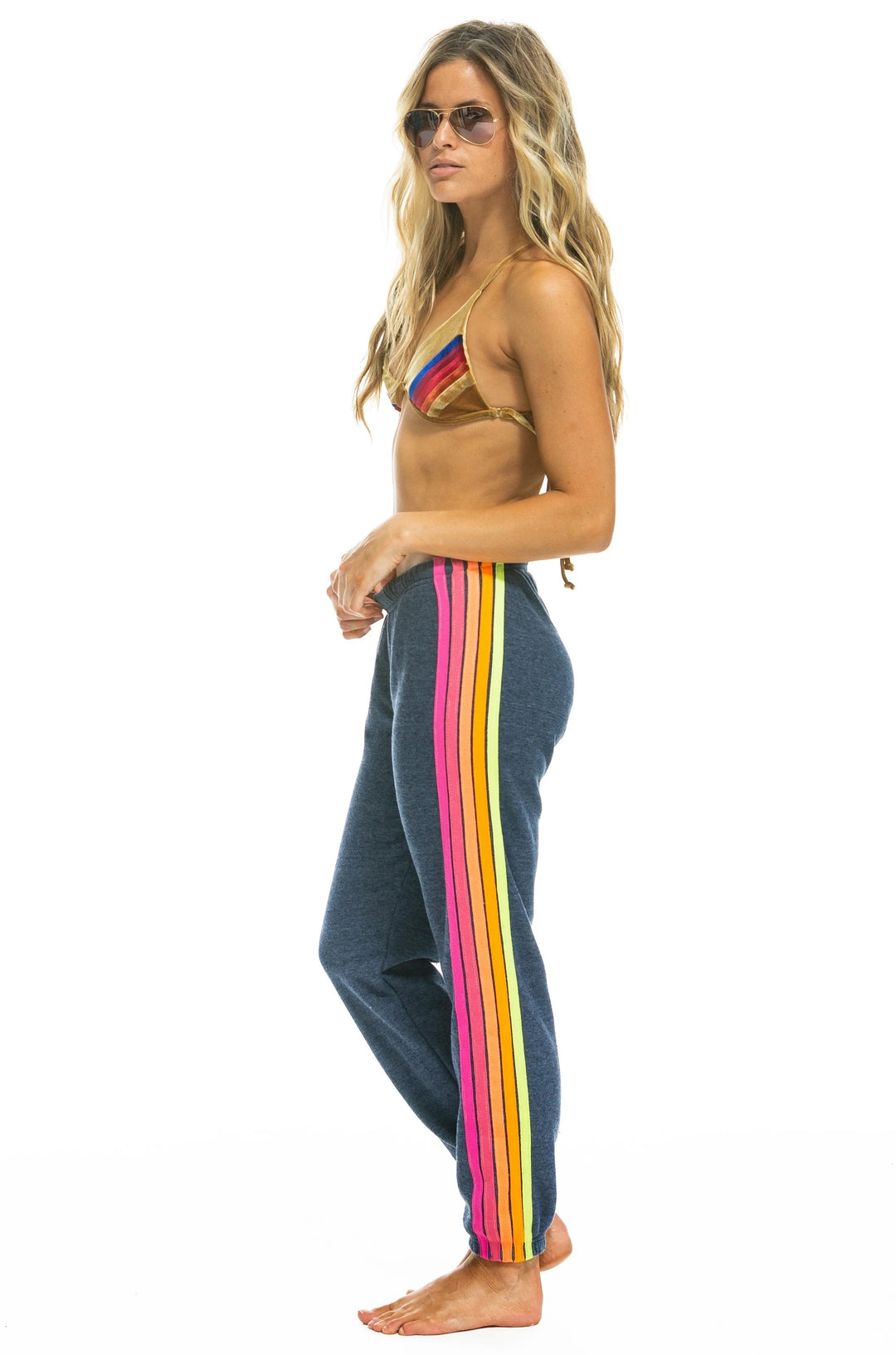 Aviator Nation - 5 Stripe Women's Sweatpant in Heather Navy Neon
