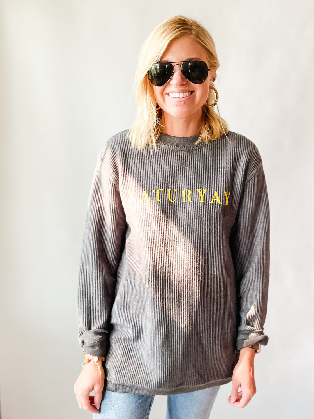Boat House Apparel - Saturyay Ribbed Sweatshirt in Grey/Yellow Clothing - Sweatshirts