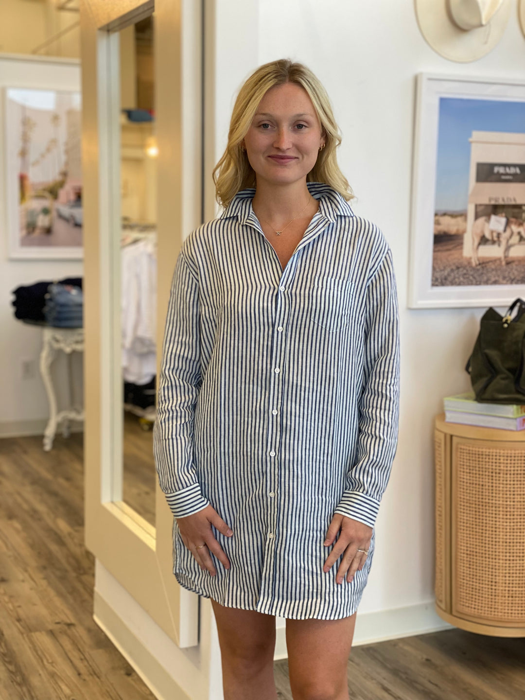 Frank & Eileen - Mary Woven Button Up Dress in Navy Blue Stripe Dresses