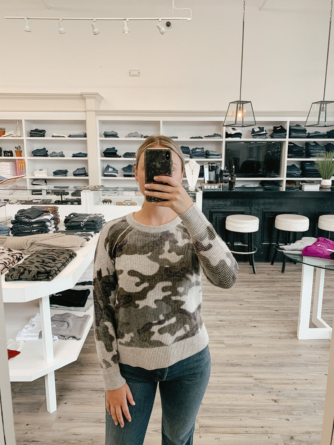 White + Warren - Camo Thermal Sweatshirt in Khaki Green Camo