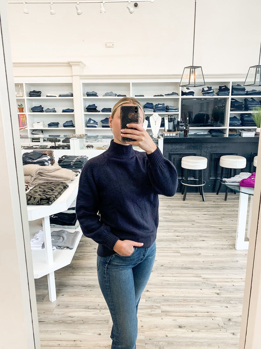 White + Warren - Textured Stand Neck Sweater in Black