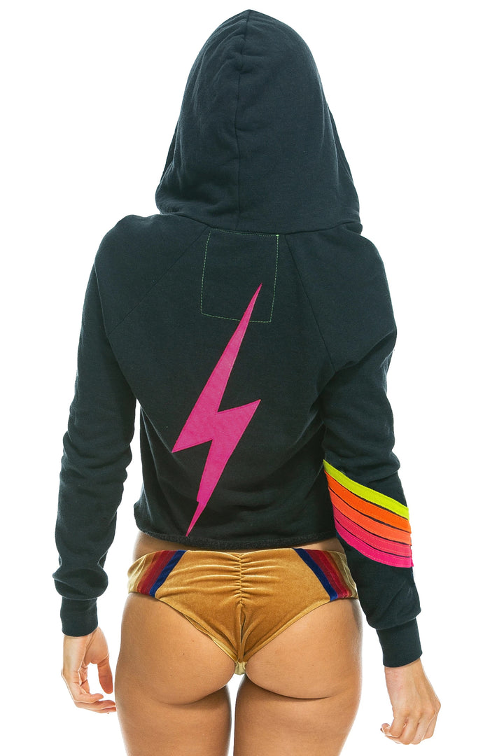 Aviator Nation - Bolt Stitch Chevron 5 Split Neck Raglan Pullover Crop Hoodie in Charcoal/Neon
