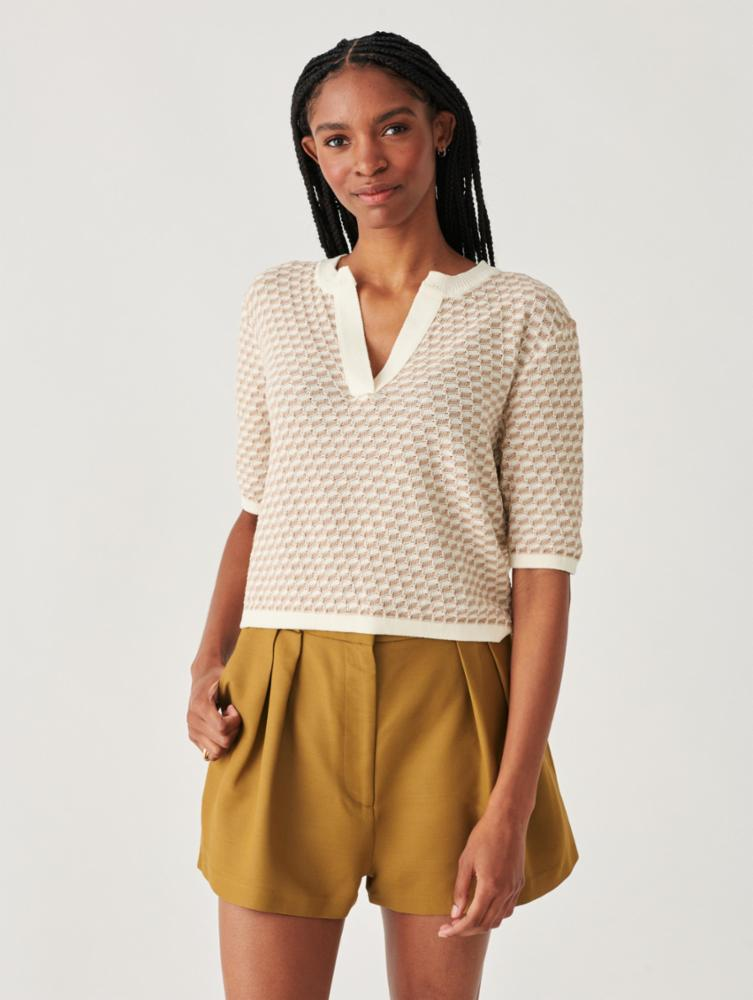 White + Warren - Linen Cotton Blend Striped Split Neck T-shirt in Soft Toffee Combo Tops