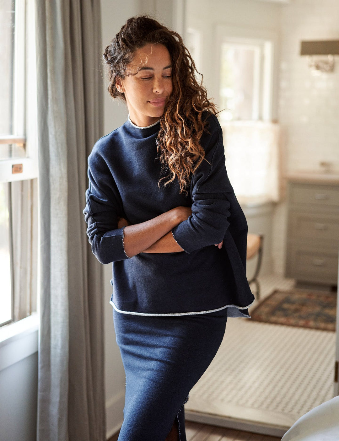Frank & Eileen - Long Sleeve Funnel Neck Capelet in Navy Melange