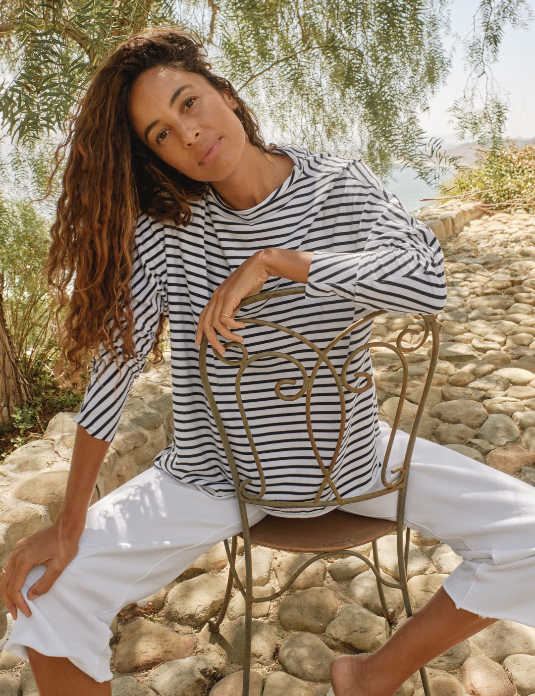 Frank & Eileen - Long Sleeve Funnel Neck Tee in White w/ British Royal Navy Stripe