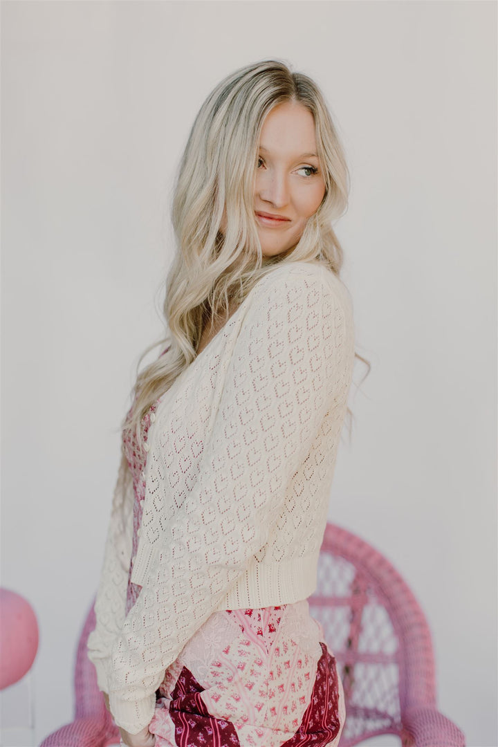 Love Shack Fancy - Janie Cropped Cardigan in Cream Clothing - Sweaters