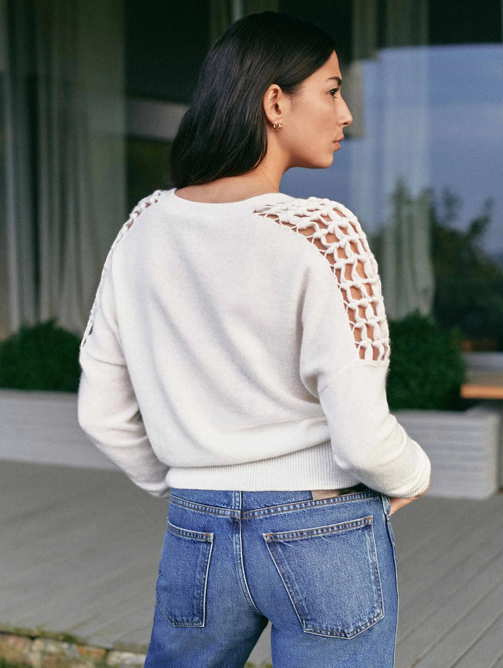 White + Warren - Macrame Sleeve Crewneck Sweater in Pearl White