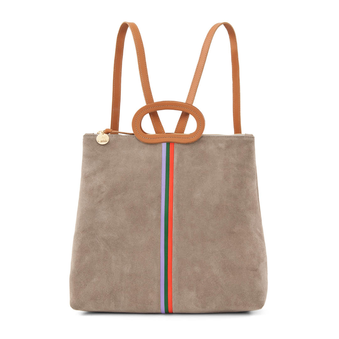 Clare V. - Marcelle Backpack in Dark Grey Suede w/ Violet, Fern & Lipstick Italian Nappa Mini Stripes