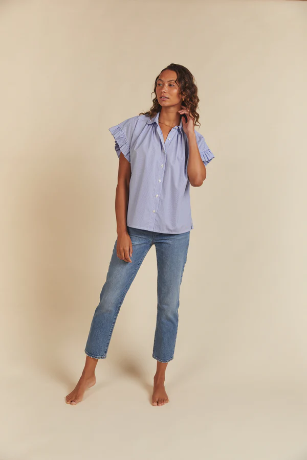 Trovata - Marianne B Ruffle Sleeve Shirt in Blue/White Stripe