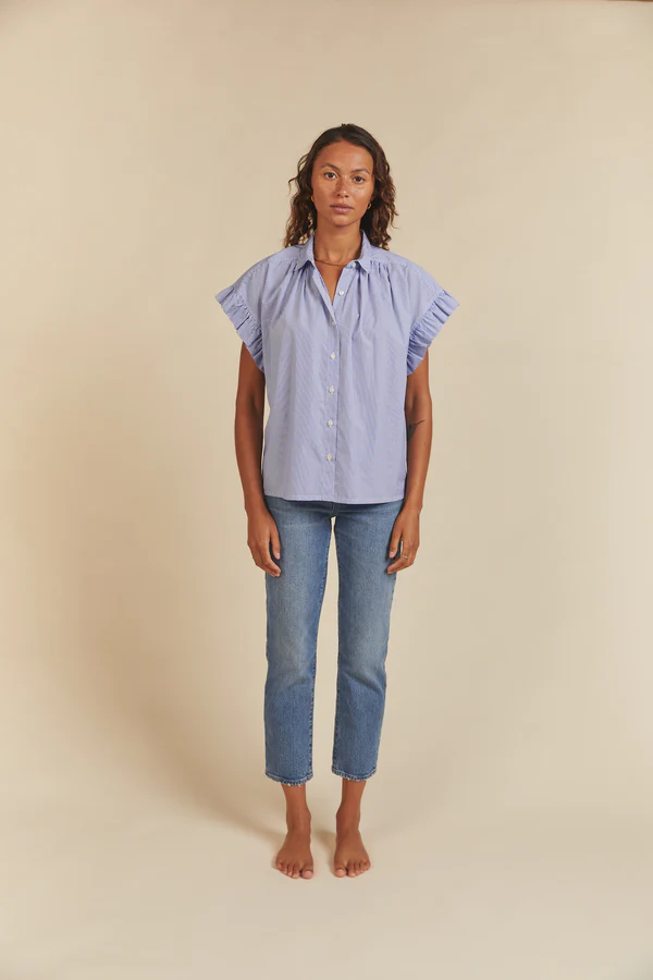 Trovata - Marianne B Ruffle Sleeve Shirt in Blue/White Stripe