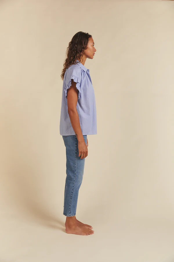 Trovata - Marianne B Ruffle Sleeve Shirt in Blue/White Stripe