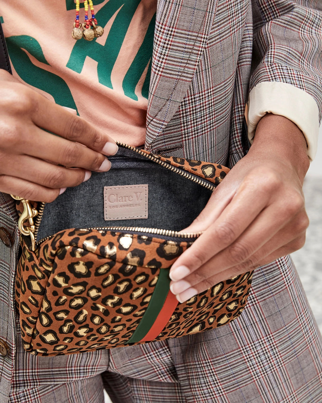 Clare V. - Midi Sac in Cognac Metal Cat w/ Evergreen & Poppy Italian Nappa Desert Stripes