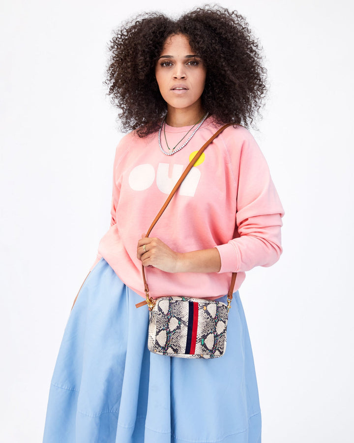 Clare V. - Midi Sac in Kaleidoscope Snake w/ Navy & Red Suede Desert Stripes