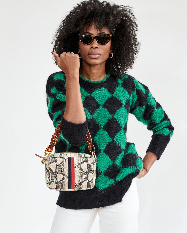 Clare V. - Midi Sac in Kaleidoscope Snake w/ Navy & Red Suede Desert Stripes