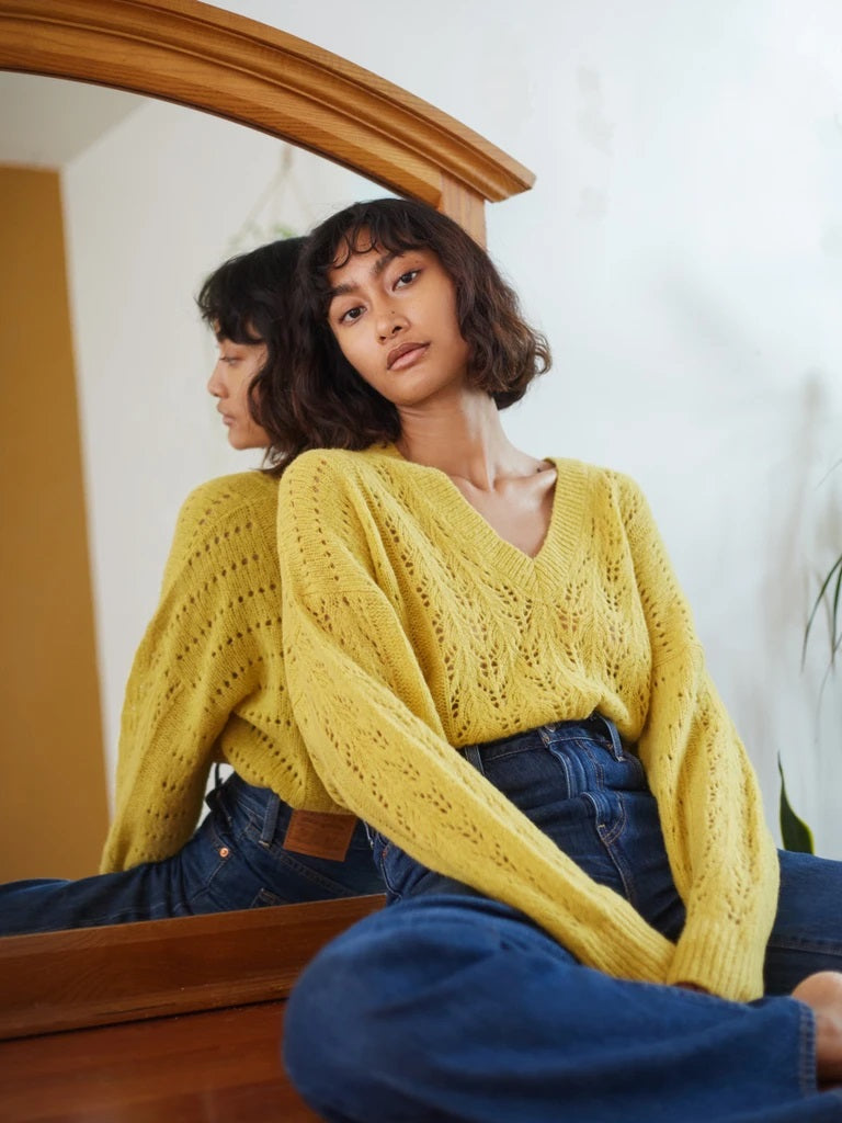 Nation LTD - Mika Pointelle Slouchy V Sweater in Honeycomb