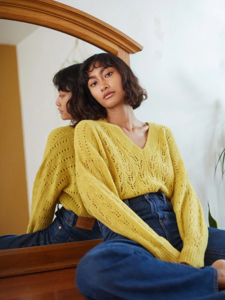 Nation LTD - Mika Pointelle Slouchy V Sweater in Honeycomb