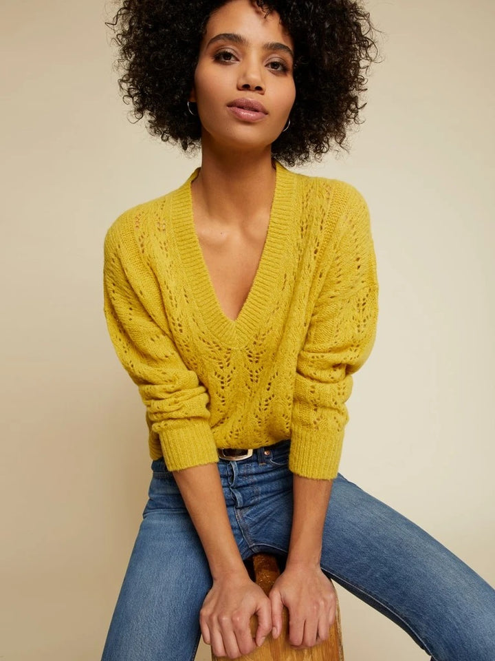 Nation LTD - Mika Pointelle Slouchy V Sweater in Honeycomb